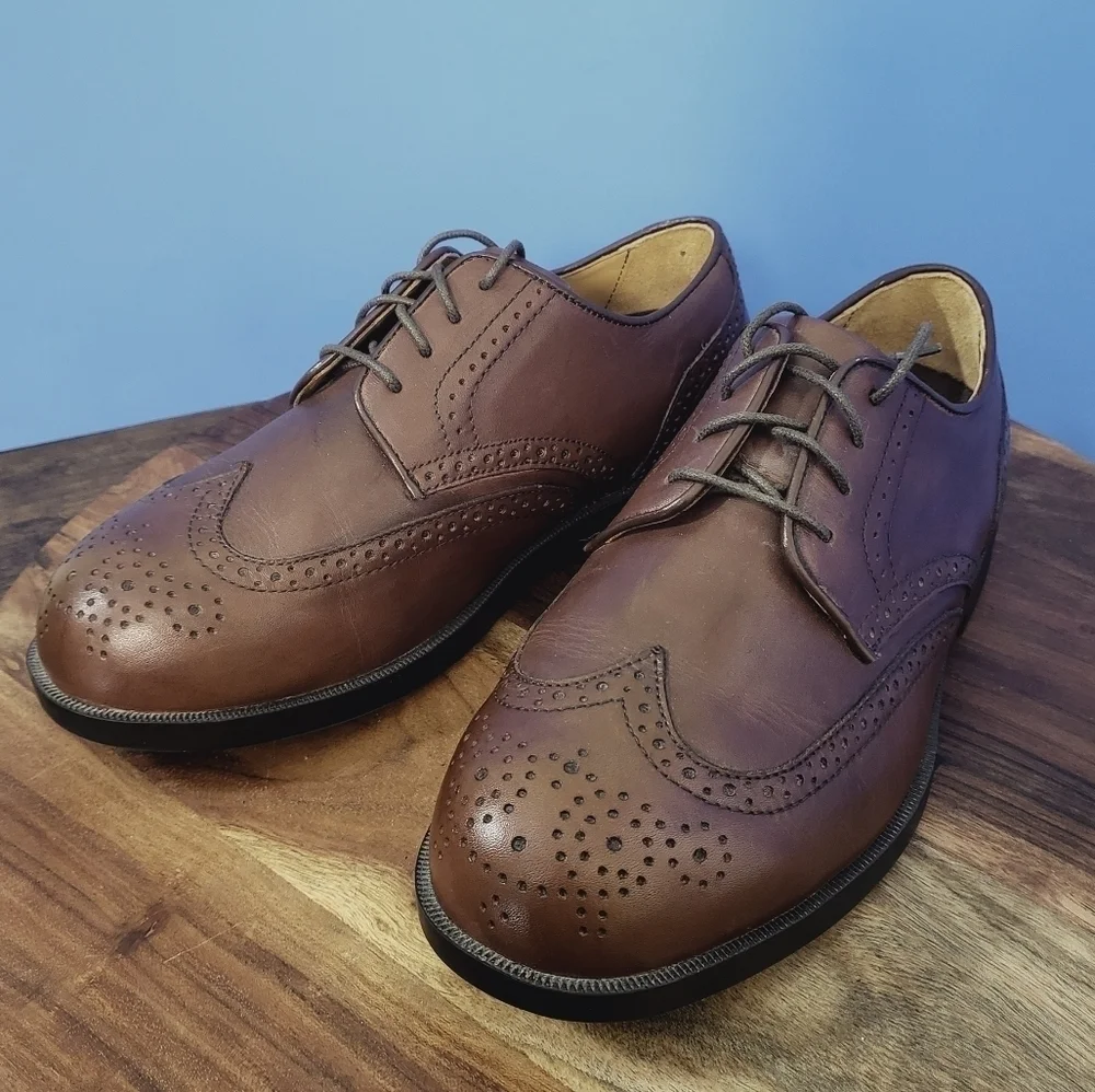Drew Clayton Wingtip Oxford Comfort Shoe Brown Leather Men's 9.5